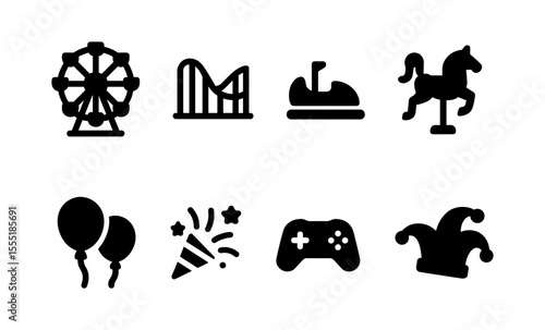Amusement park icon set: ferris wheel, roller coaster, bumper car, carousel, balloons, celebration, game controller, jester hat