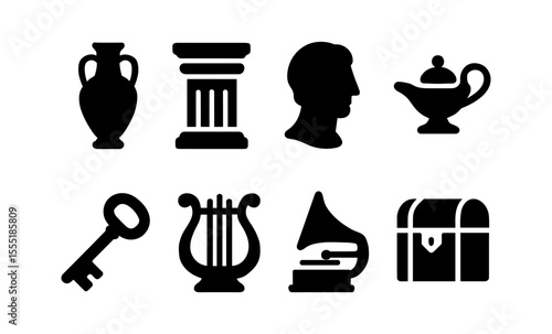 Silhouette icons of ancient artifacts and musical instruments