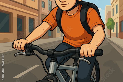 Young cyclist riding bicycle on city street, close-up hands on handlebars, urban commuting, active transportation, safety helmet, backpack, healthy lifestyle, vector cartoon illustration