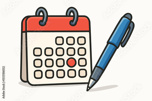 Cartoon calendar page with marked date and blue ballpoint pen. Vector illustration for planning, schedule, reminder, appointment, organization, deadline, event management, time management concept
