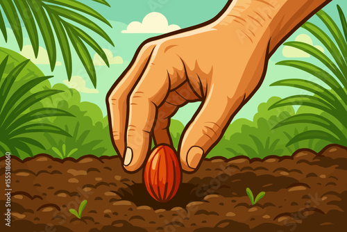 Hand Planting Palm Seed in Fertile Soil, Close-Up Vector Illustration. Gardening, Agriculture, Growth Concept. Tropical Nature, Environmental Conservation, Greenery, Seedling, Eco Farming