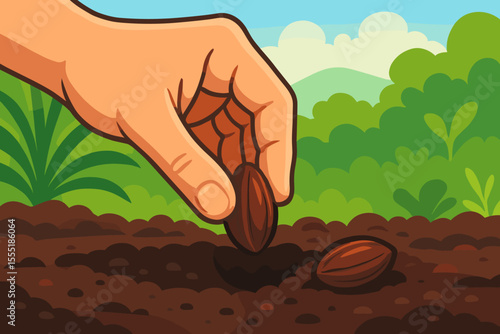 Close-up hand planting palm seed in rich fertile soil, gardening process, agriculture concept, spring nature background, growth, environment, cartoon vector illustration, eco-friendly farming