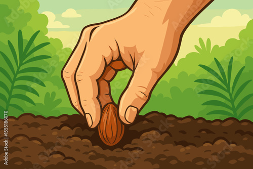 Hand Planting Palm Seed in Fertile Soil, Close-Up Gardening Concept, Nature Background, Growth, Agriculture, Environmental Conservation, Vector Cartoon Illustration, Sustainable Farming