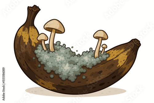 Overripe Moldy Banana with Fungi and Mushrooms Growing on Peel, Spoiled Fruit Decay, Rotten Food, Fungal Growth, Vector Cartoon Illustration, Isolated White Background, Food Spoilage Concept