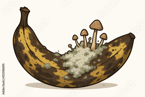 Rotten banana with mold and mushrooms growing, decaying fruit, fungus infestation, spoiled food concept, detailed vector cartoon illustration, isolated on white background, unhealthy produce