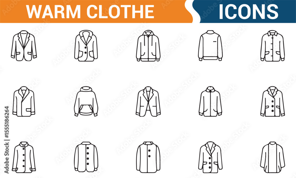 Vector icons of jackets, coats, and outerwear for fashion and winter apparel collections. Vector icons of jackets, coats, and outerwear for fashion and winter apparel collections.