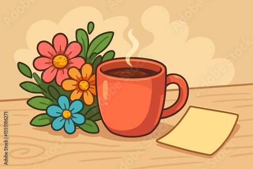 Cozy morning coffee cup with steam, colorful flowers bouquet, pastel paper note on wooden table. Warm breakfast scene, floral arrangement, relaxing cartoon vector for greeting, invitation, stationery