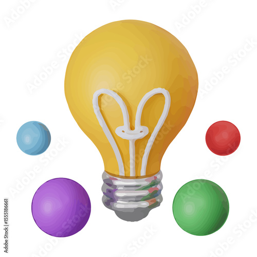 3D illustration of a light bulb and multicolored small balls on a white insulated background. vector graphics. EPS.