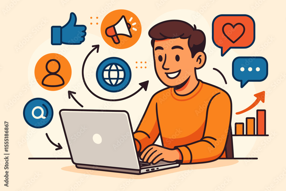 Social media marketing strategy concept with man using laptop, digital communication, online networking, internet promotion, business growth, cartoon vector illustration, icons, analytics, engagement Social media marketing strategy concept with man using laptop, digital communication, online networking, internet promotion, business growth, cartoon vector illustration, icons, analytics, engagement