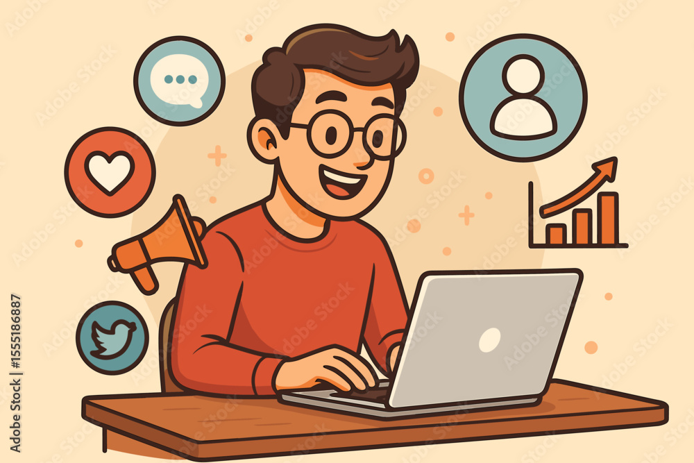 Social media marketing manager at laptop. Digital communication, online networking, internet promotion, influencer strategy, business growth analytics. Vector cartoon workspace illustration. Social media marketing manager at laptop. Digital communication, online networking, internet promotion, influencer strategy, business growth analytics. Vector cartoon workspace illustration.