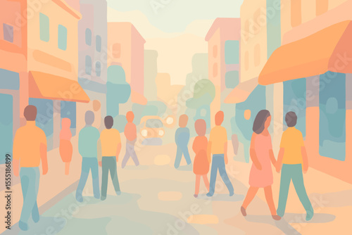 Abstract pastel city street scene with blurred people walking, urban lifestyle, busy downtown, soft colors, modern cityscape, community, social interaction, vector illustration