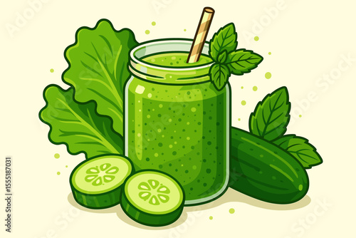 Fresh Green Detox Smoothie in Jar with Lettuce, Cucumber Slices, Mint Leaves, and Straw. Healthy Vegan Drink, Organic Vegetable Juice, Refreshing Beverage Concept. Cartoon Vector Illustration