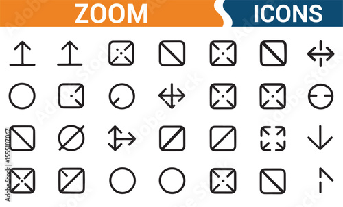 Collection of vector zoom icons for use in digital interfaces, app development, and design projects.