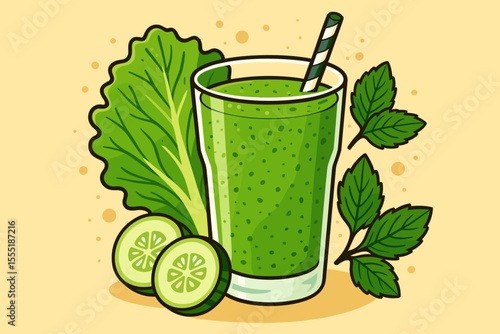 Fresh Green Detox Smoothie with Lettuce, Cucumber, Mint Leaves. Healthy Vegan Drink. Refreshing Vegetable Juice. Cartoon Vector Illustration for Clean Eating, Diet, Wellness, Nutrition Concept