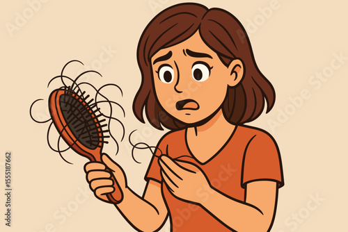 Hair loss problem concept. Woman noticing hair fall on hairbrush. Female holding brush with fallen hair. Alopecia, stress, hair thinning, scalp health issue. Vector cartoon illustration.
