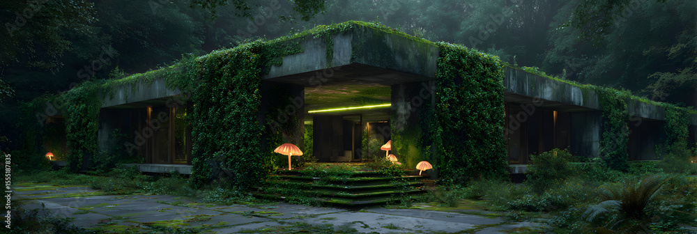 Obraz premium Abandoned Futuristic Office Building Overgrown with Ivy and Glowing Mushrooms