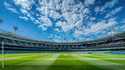 Wide angle view of a cricket stadium under a cloudy blue sky
