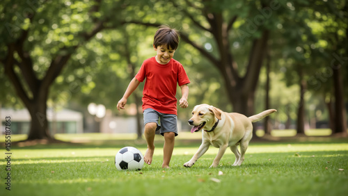 Fototapeta Naklejka Na Ścianę i Meble -  Young boy playing soccer with his yellow Labrador in a park. Child and dog having fun with a football on a sunny day.