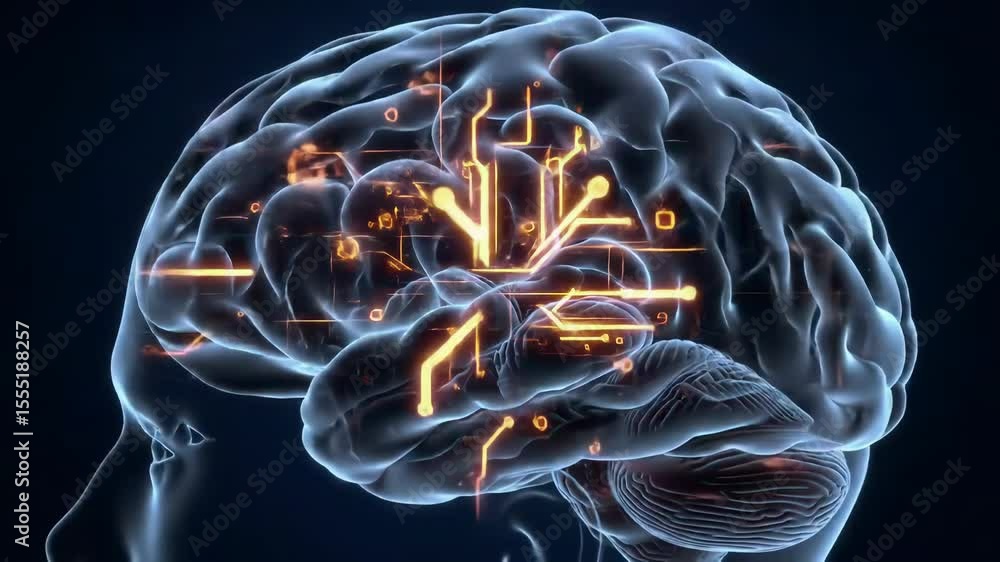 Futuristic neural network visualization with glowing digital circuitry in human brain