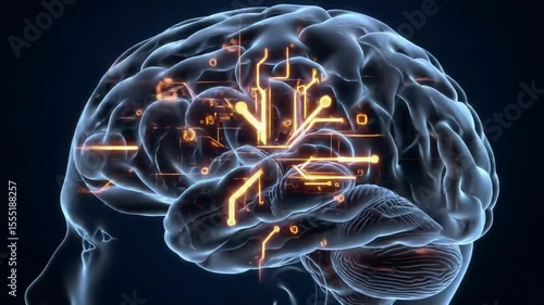 Futuristic neural network visualization with glowing digital circuitry in human brain