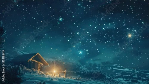 Nativity scene under starry night with illuminated stable