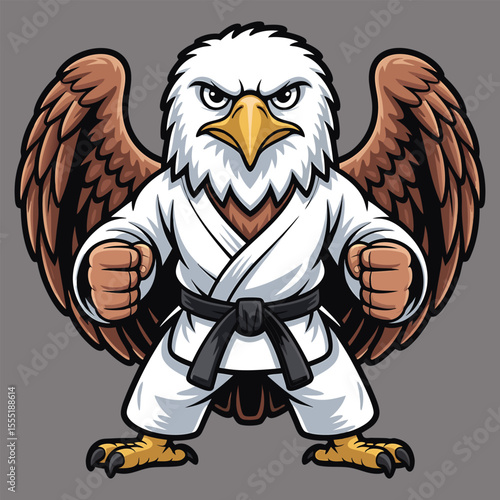 Cartoon bald eagle in karate uniform posing ready for martial arts competition