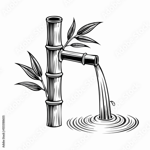 Bamboo Spout Pouring Water Image Vector isolated on white vector.