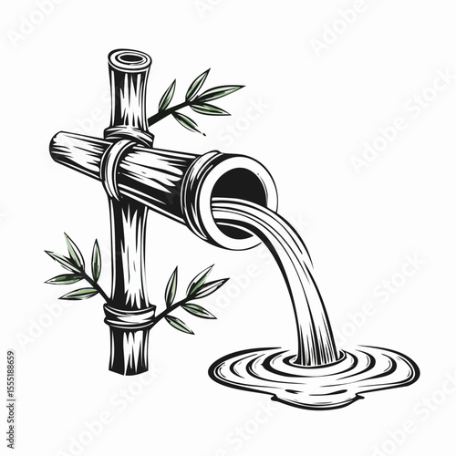 Bamboo Spout Pouring Water Image Vector isolated on white vector.