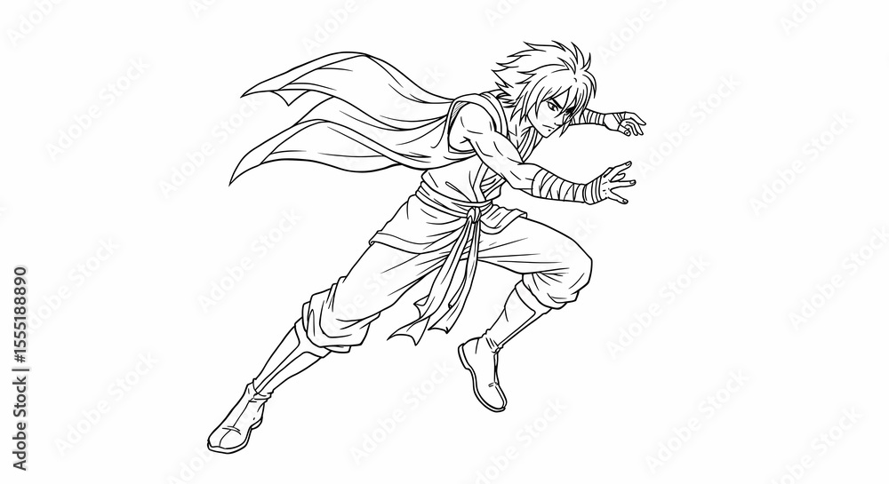 Obraz premium Dynamic Action Anime Character Running in Motion in Black and White Line Art