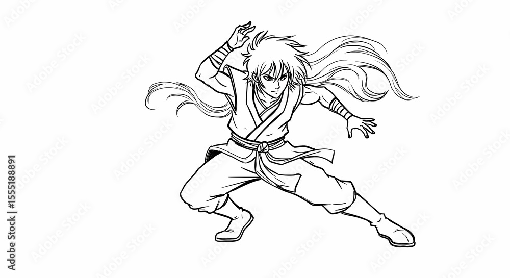Fototapeta premium Dynamic Manga Style Warrior Character in Fighting Pose with Long Hair and Traditional Costume