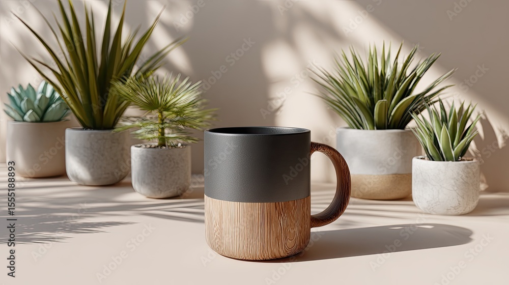 Fototapeta premium Black mug with wooden base sits on an office desk next to coffee beans and potted plants, illuminated by soft, natural light