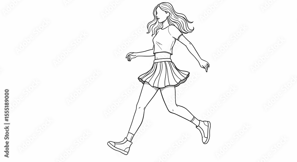 Fototapeta premium Young Woman Walking in Casual Outfit Sketch Illustration
