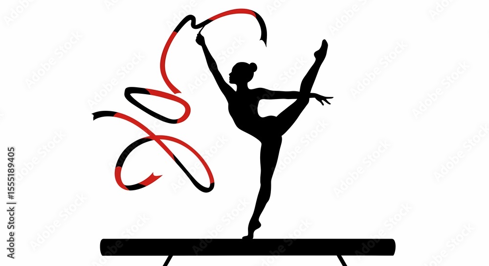 Fototapeta premium Silhouette of Female Artistic Gymnast Performing Ballet on Floor with Ribbon in Black and Red