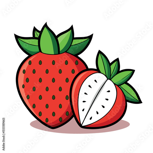 Simple vector illustration of two strawberries — one whole and one half cut. Ideal for fruit packaging, food icons, summer graphics, recipes, and healthy eating designs.