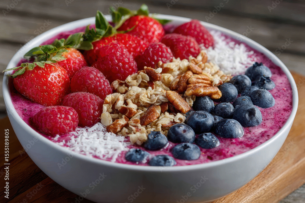 Healthy fruit bowl with berries, granola, and coconut served on a wooden table Healthy fruit bowl with berries, granola, and coconut served on a wooden table