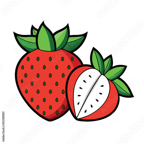 Simple vector illustration of two strawberries — one whole and one half cut. Ideal for fruit packaging, food icons, summer graphics, recipes, and healthy eating designs.