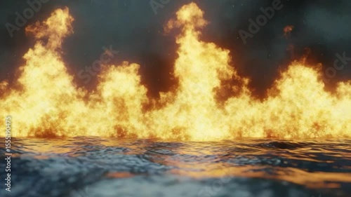 Fiery inferno raging over dark water; burning flames reflected in waves.