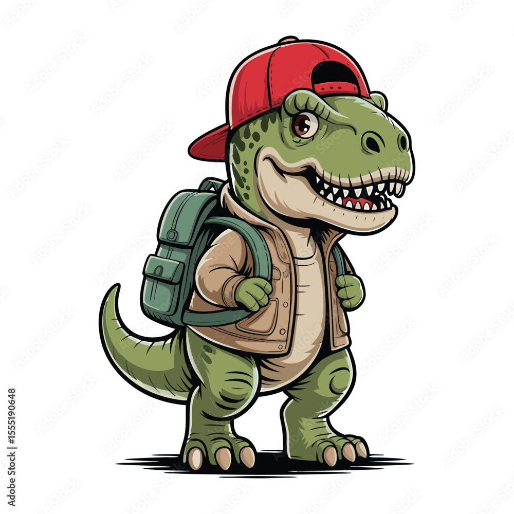 Obraz premium Cartoon illustration of a friendly dinosaur with a backpack and a baseball cap