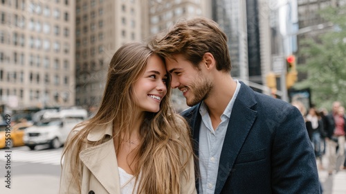 Attractive couple shares a joyful moment, smiling and looking at each other amidst City s vibrant street life