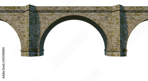 Ancient stone bridge with three arches, showcasing detailed architecture and weathered textures.
