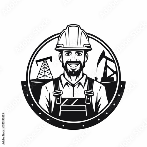 Oil Worker in the Mining Field, with Equipment and Energy Extraction logo design vector.