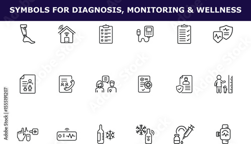 Line icons of medical symbols for diagnosis monitoring wellness on background healthcare
