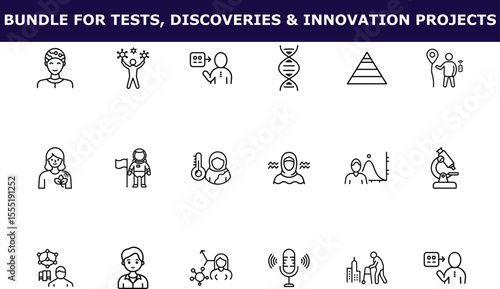 Line icons Bundle for tests discoveries innovation projects showing science people objects