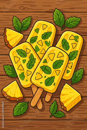 Refreshing pineapple mint popsicles on a wooden background. Homemade summer fruit ice pops with fresh pineapple chunks and mint leaves. Healthy frozen dessert. Vector cartoon art.