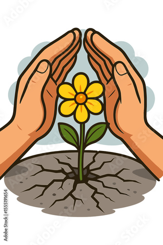 Hands Protecting Yellow Flower Growing from Cracked Dry Soil, Environmental Care Concept, Nature Conservation, Growth and Sustainability Illustration