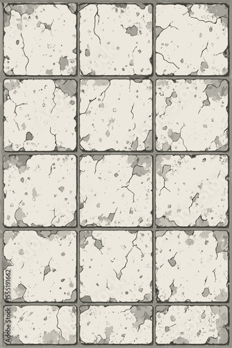 Seamless pattern of old stone blocks. Grunge texture of a cracked concrete tile wall. Distressed gray pavement background. Vector cartoon illustration for game design or backdrop.
