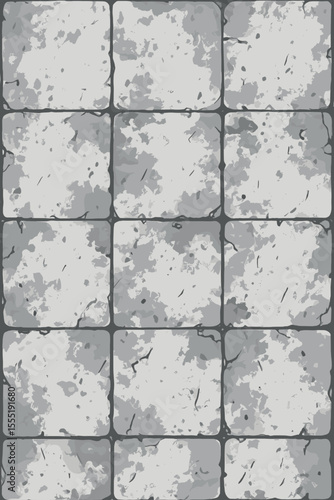 Stone tile seamless pattern with distressed grunge texture. Gray concrete wall or floor background. Vector illustration of ancient masonry, old castle pavement or dungeon floor.