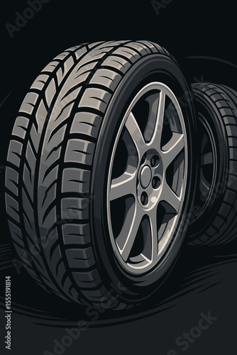 Detailed car wheel with new tire vector illustration. Close up of automotive rubber tread pattern and shiny alloy rim. For garage, repair service, racing, or auto parts advert.