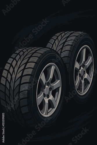 Dynamic Close-Up of Car Tires with Sleek Rims on Dark Background, Automotive Vehicle Wheel Cartoon Vector Graphic Illustration for Racing, Speed, and Performance Concepts