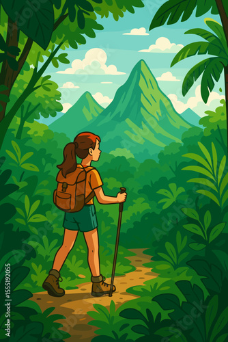 Young female hiker with backpack exploring a lush tropical rainforest. Woman on a jungle trail with majestic mountain vistas. Vector cartoon for adventure travel and eco-tourism.